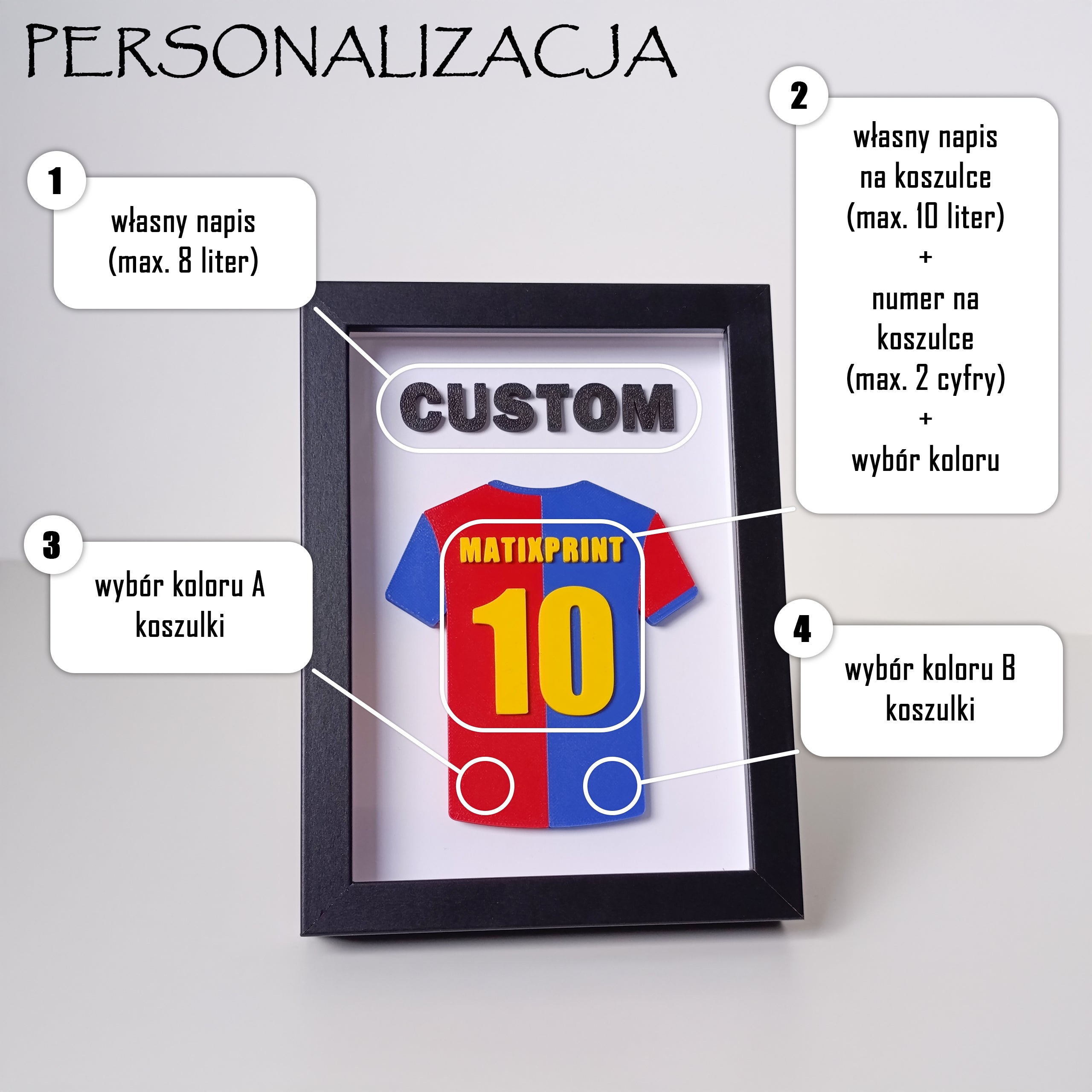 Koszulka piłkarska 3D z imieniem i numerem + napis 3D w ramce | Wzór: Łaty