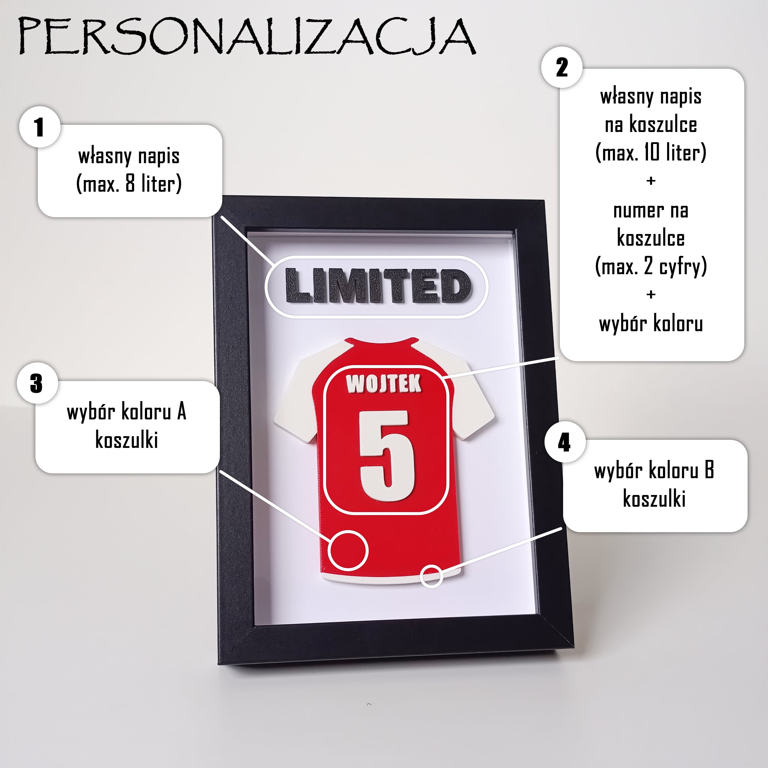 Koszulka piłkarska 3D z imieniem i numerem + napis 3D w ramce | Wzór: Rękawy